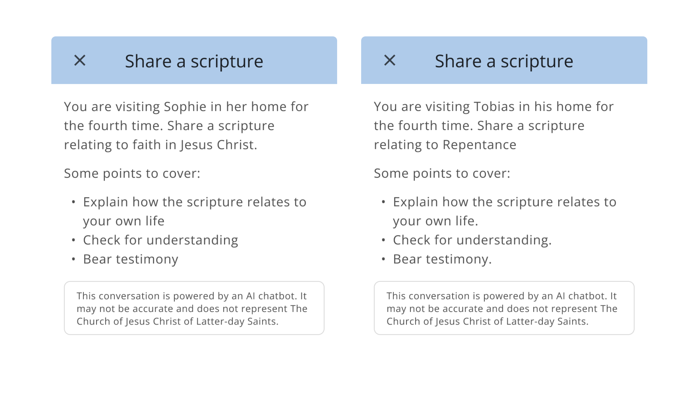 Two versions of the same missionary chatbot scenario