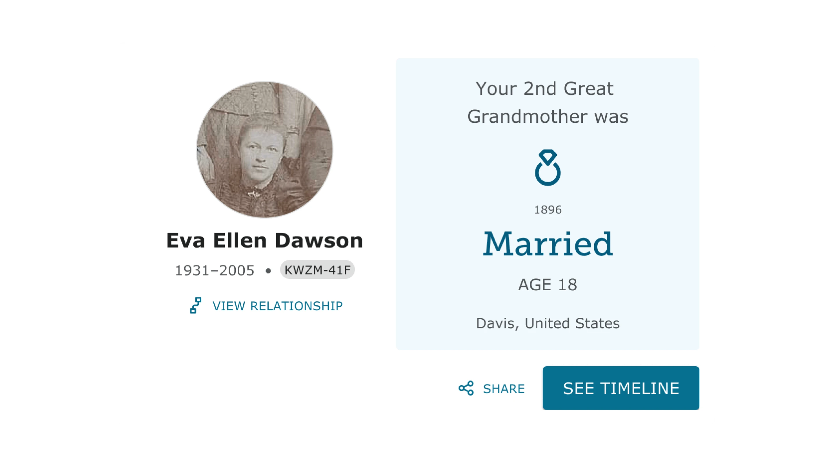 Example of the event block component showing a marriage story moment
