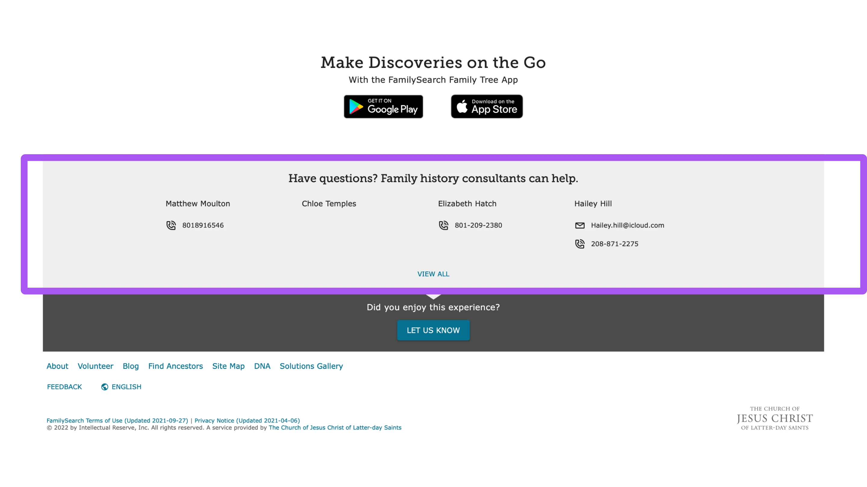 Consultant panel pattern highlighted on a FamilySearch page